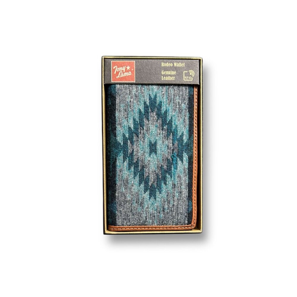 NIB Tony Lama Rodeo Wallet Blue Aztec Genuine Leather RFID‎ Western Checkbook